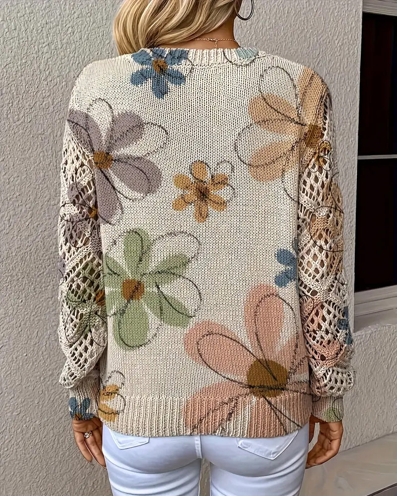 Women's multicolour floral V-neck sweater with openwork sleeves