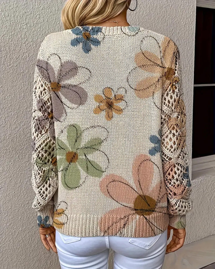 Women's multicolour floral V-neck sweater with openwork sleeves