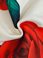 Women's floral cape outfit set with red roses and wide-leg trousers