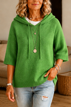 Women's open-knit hoodie with drawstring hood and short sleeves