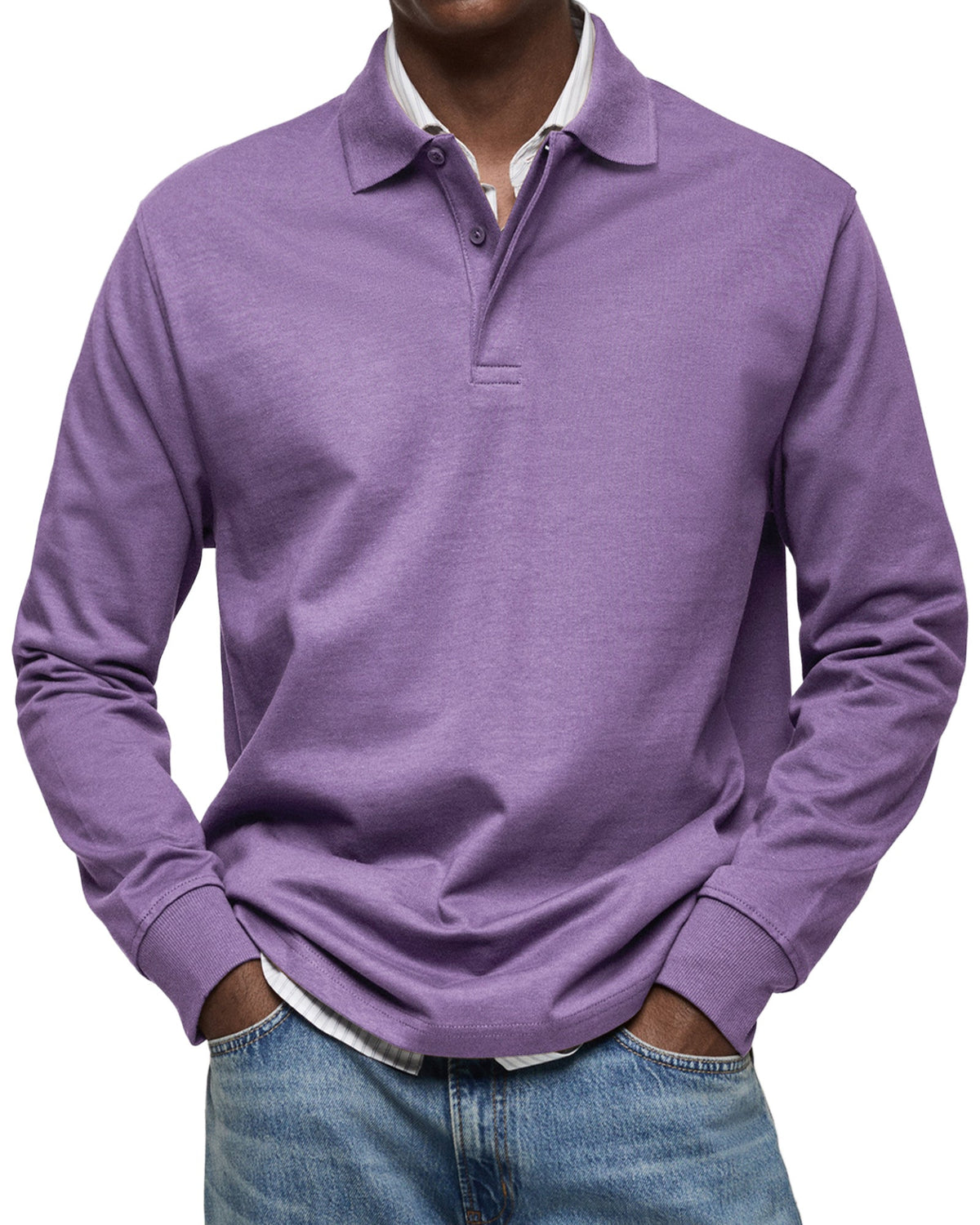 Men's long sleeve polo sweater with collar, button placket and ribbed trims