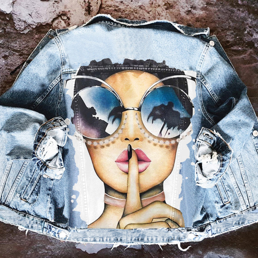 Women's printed denim jacket with portrait graphic and distressed details