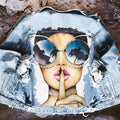 Women's printed denim jacket with portrait graphic and distressed details