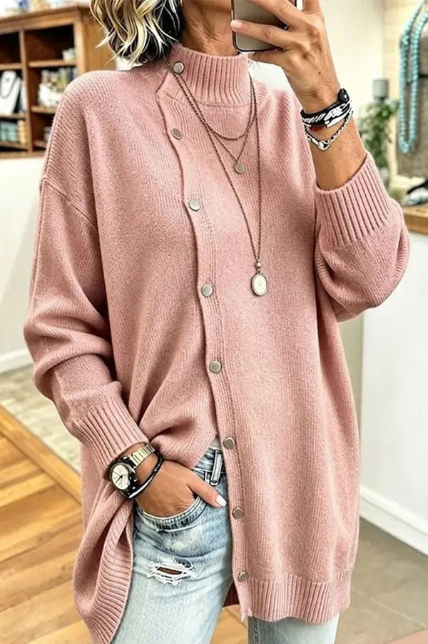 Women's ribbed turtleneck button-down longline jumper