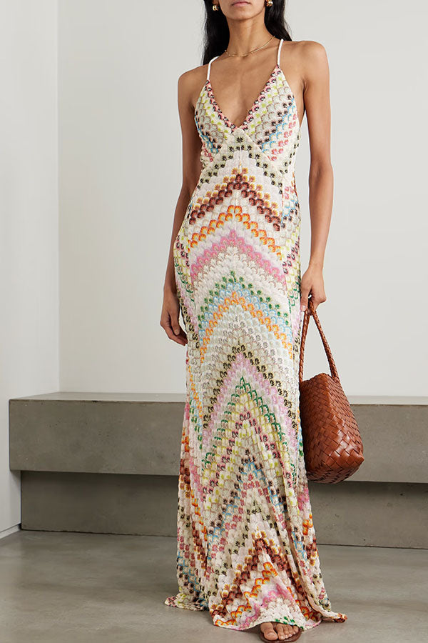 Women's multicoloured herringbone maxi dress with V-neck and spaghetti straps