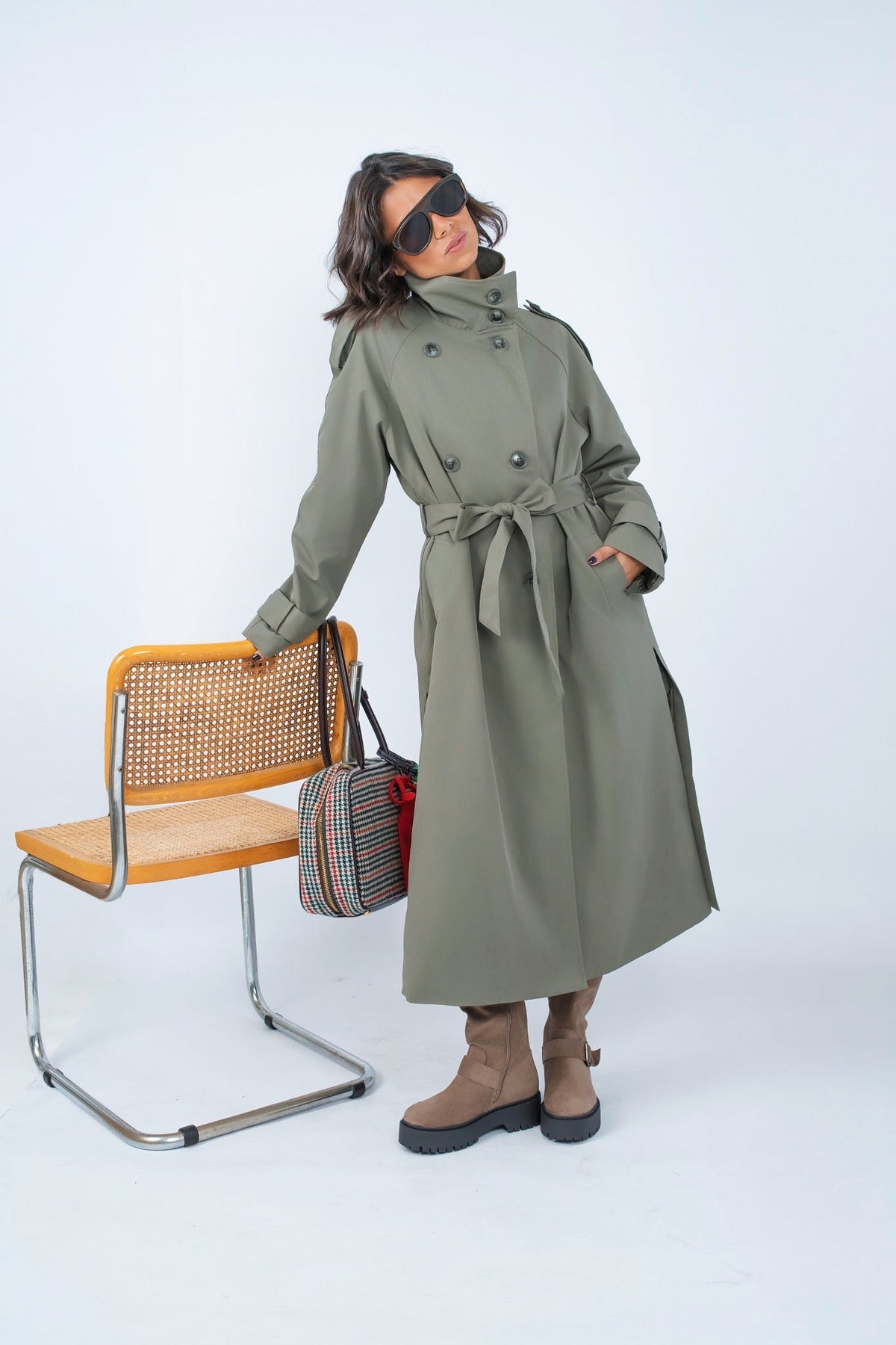 Women's beige belted trench coat with cape overlay and long sleeves