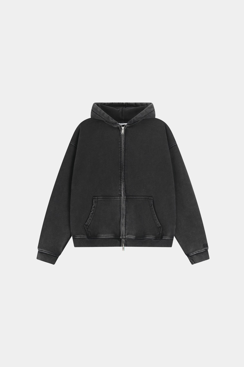 Men's black zip-up hoodie jacket with front pockets and vintage finish