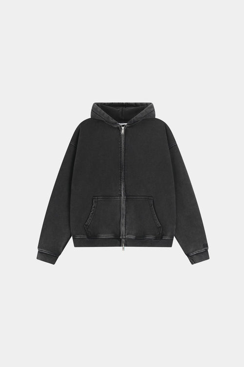 Men's black zip-up hoodie jacket with front pockets and vintage finish