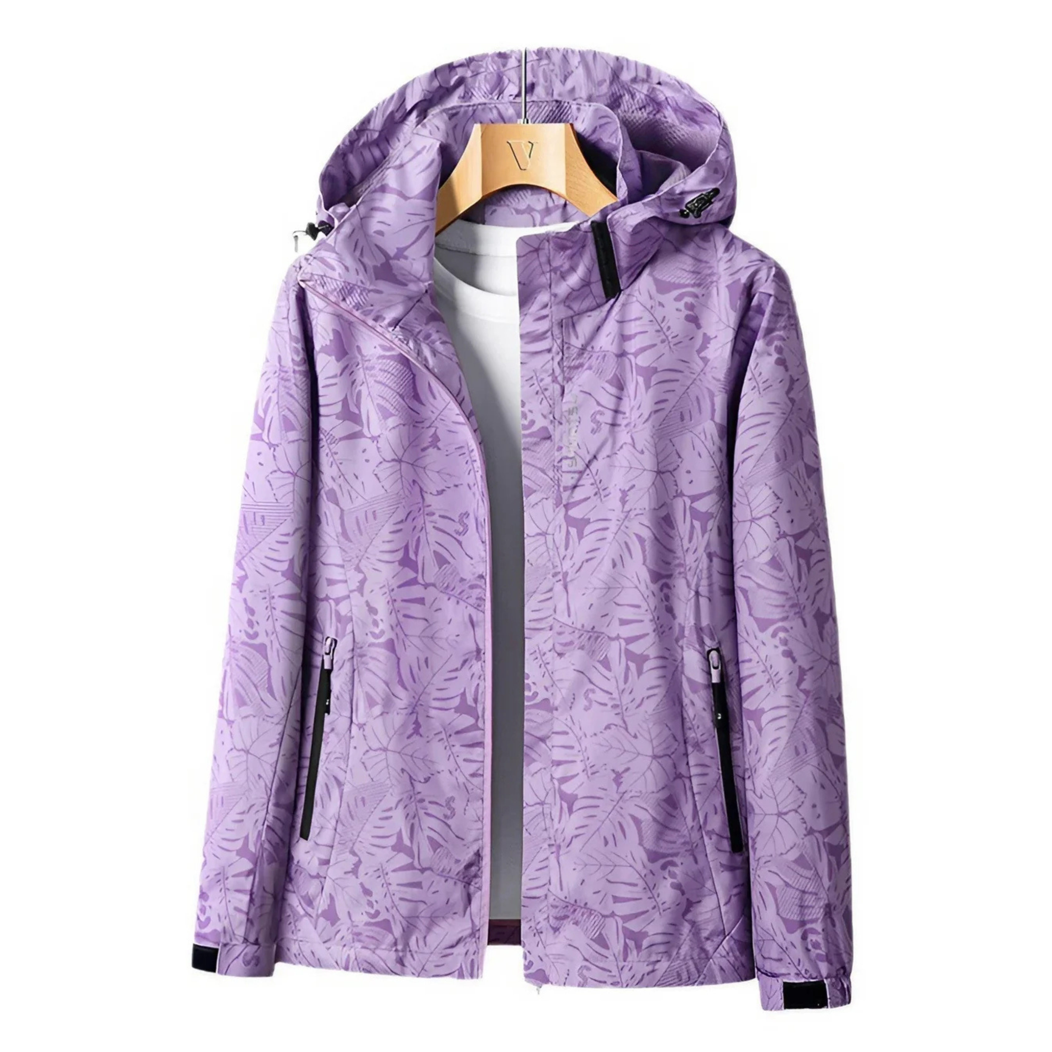 Women's hooded leaf pattern windbreaker jacket