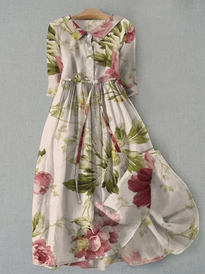 Women's cream floral collared midi dress with buttons and 3/4 sleeves