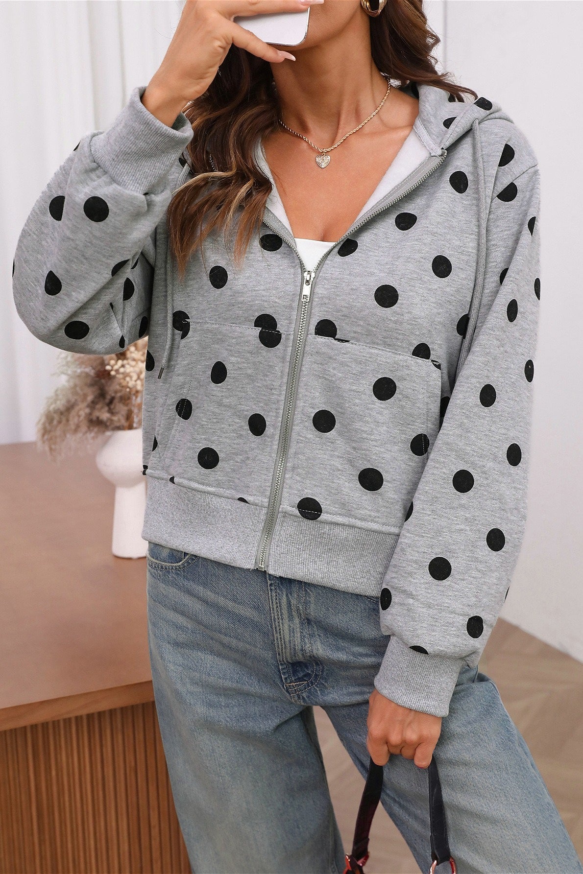Women's polka dot cropped zip hoodie with long sleeves