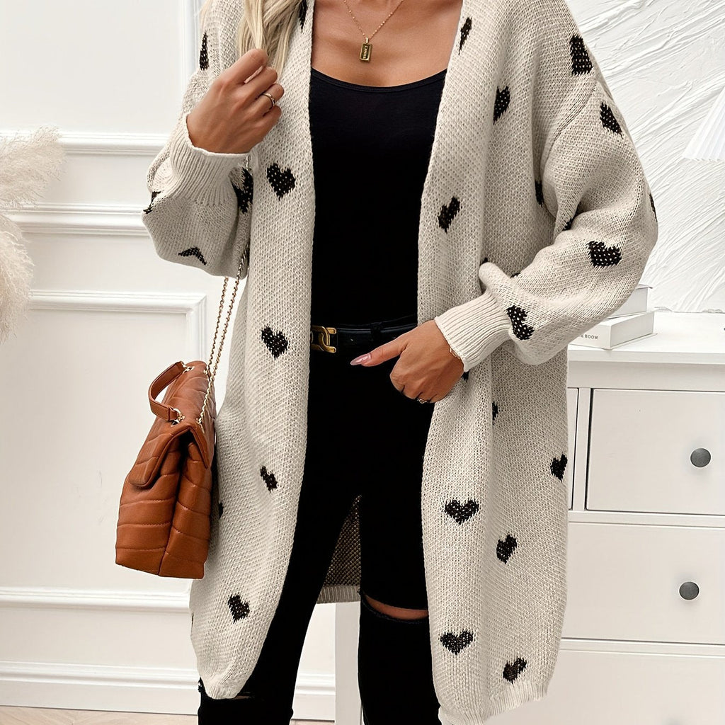 Women's heart print longline cardigan with open front and long sleeves
