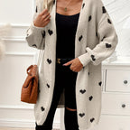 Women's heart print longline cardigan with open front and long sleeves