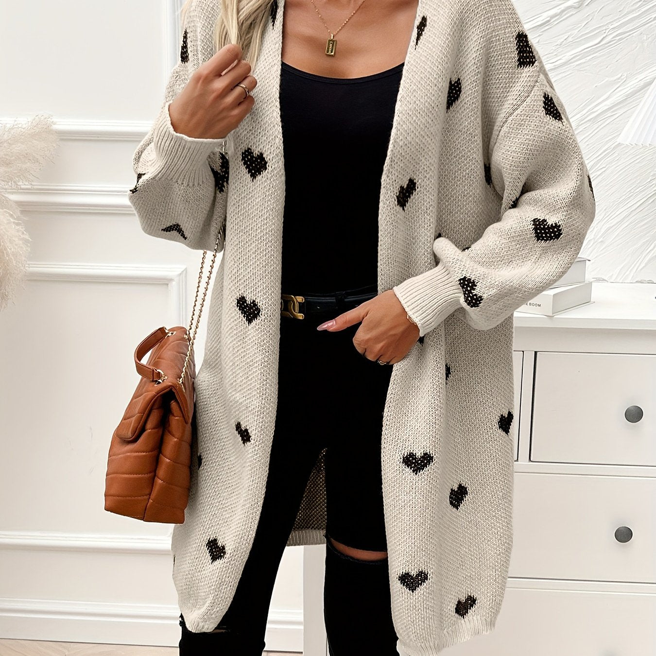 Women's heart print longline cardigan with open front and long sleeves
