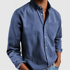 Men's long-sleeve button-up shirt with point collar and chest pocket