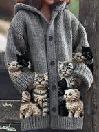 Women's hooded cardigan with cat print panels, long sleeves and button front