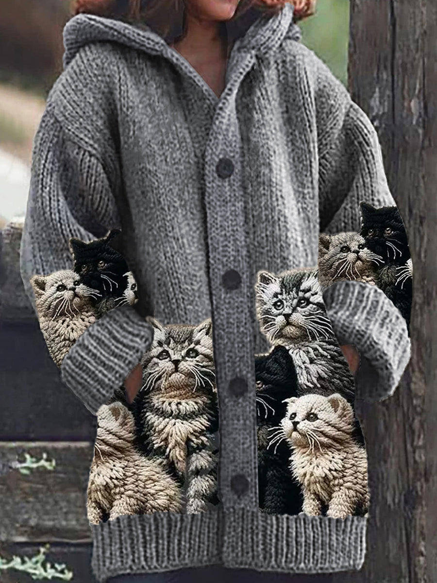 Women's hooded cardigan with cat print panels, long sleeves and button front
