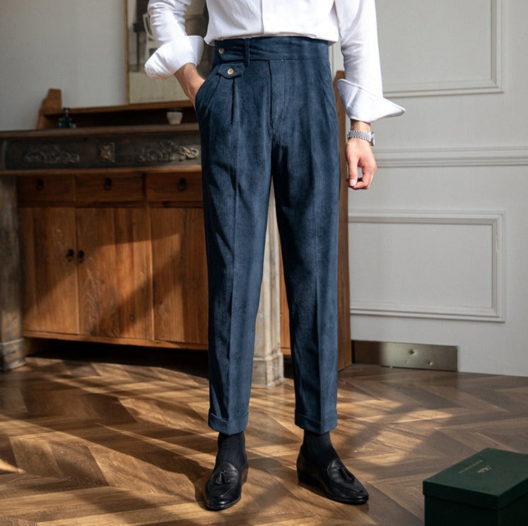 Men's pleated corduroy trousers in coffee and blue