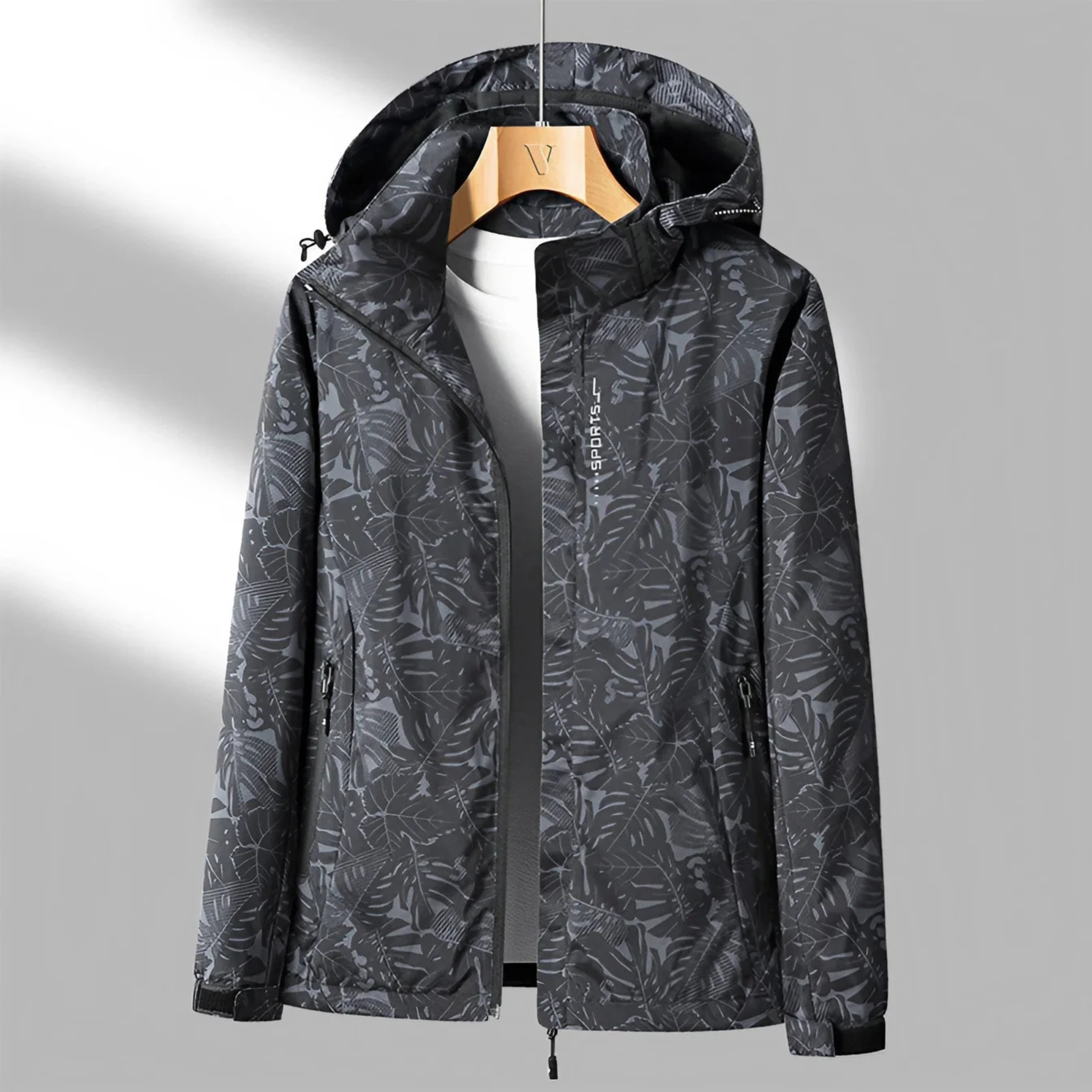Women's hooded leaf pattern windbreaker jacket
