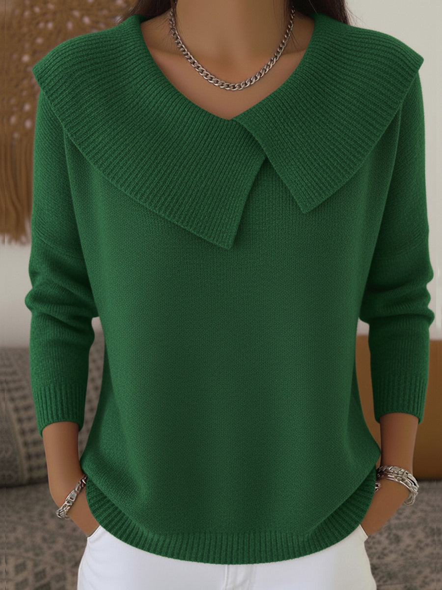 Women's knit sweater with oversized ribbed collar and long sleeves