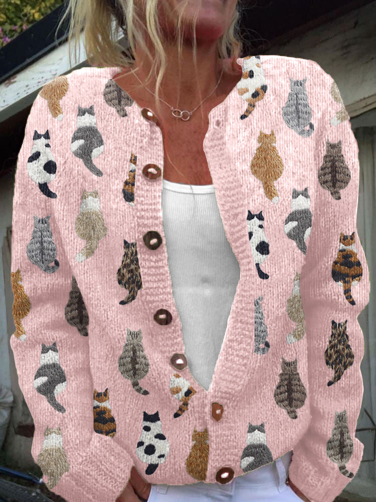 Women's cat print button front knit cardigan