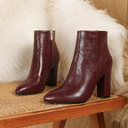 Women's burgundy pointed toe ankle boots with block heels