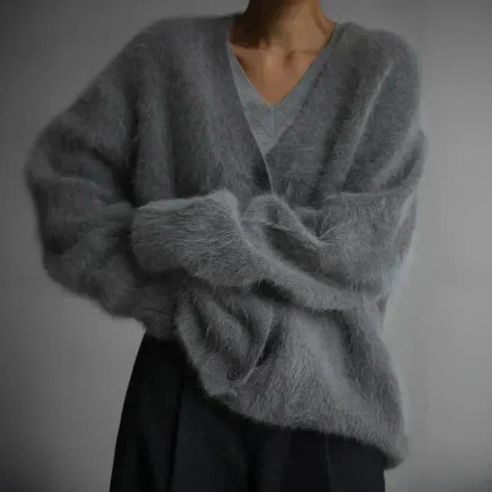 Women's textured V-neck knit cardigan with button front