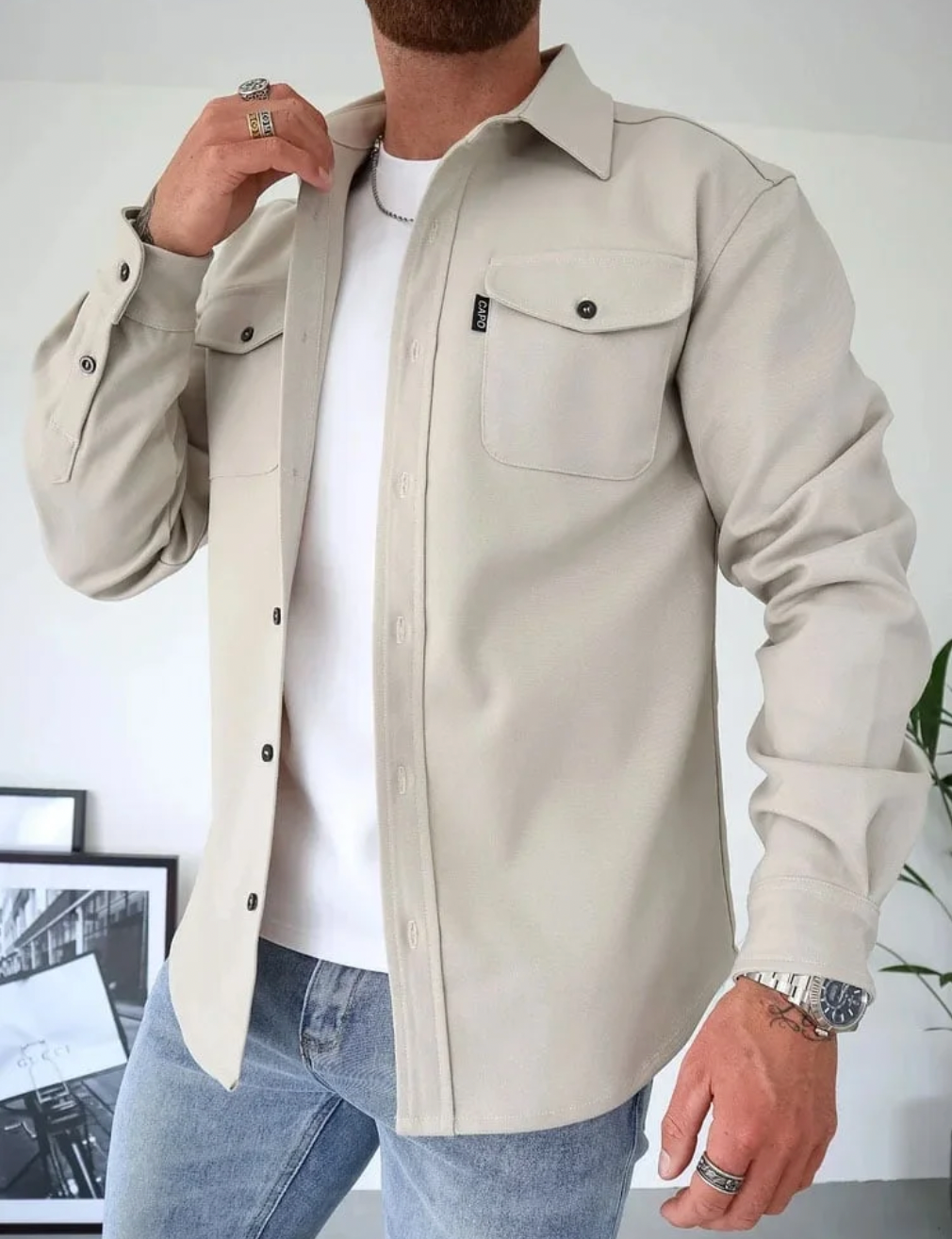 Men's long sleeve shirt jacket with chest pockets