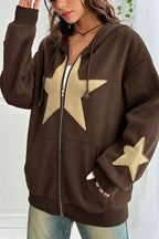 Women's oversized zip hoodie with contrasting star appliques, hood and kangaroo pockets