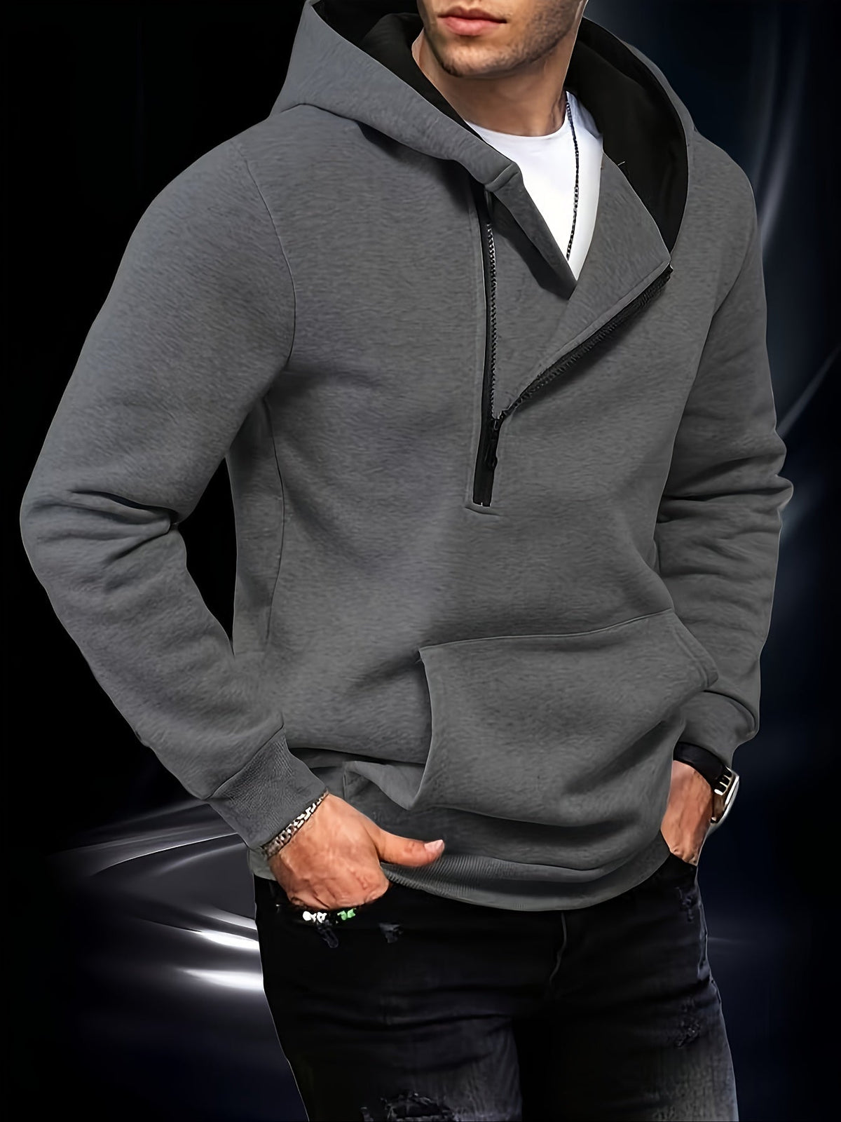 Men's hooded sweatshirt with diagonal zip detail and kangaroo pocket