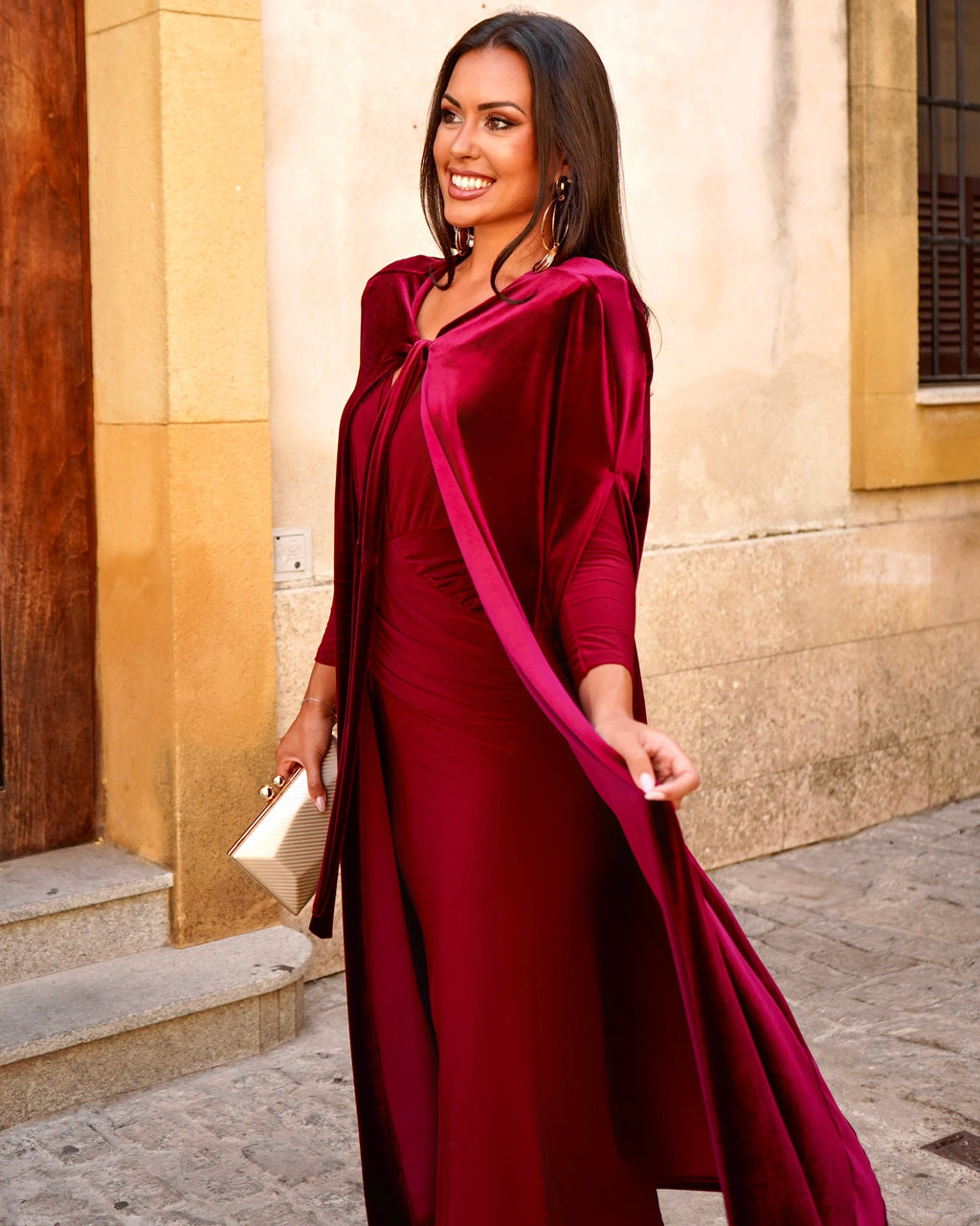 Women's long open front cape with draped panels and front tie detail