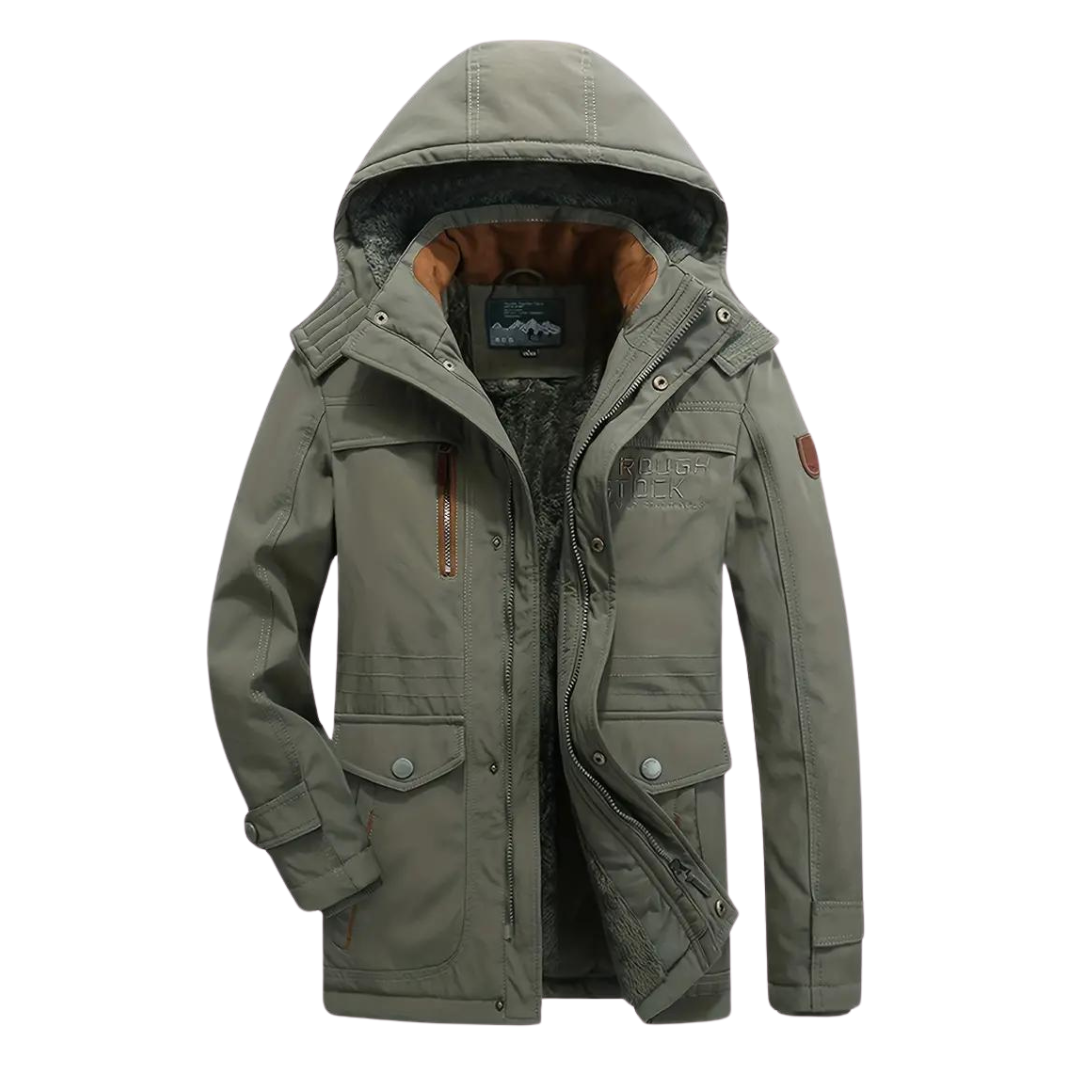 Men's lined hooded outdoor jacket with multiple pockets