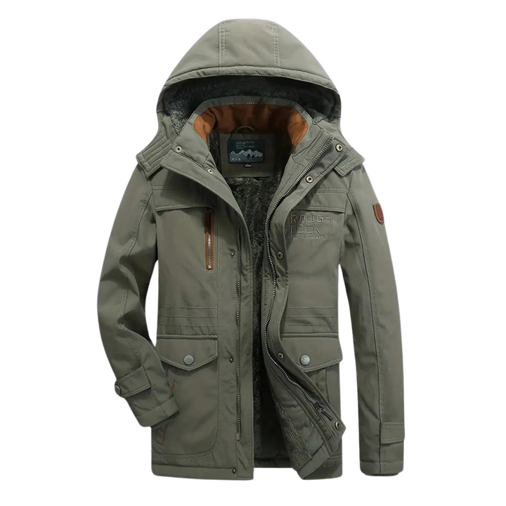 Men's lined hooded outdoor jacket with multiple pockets