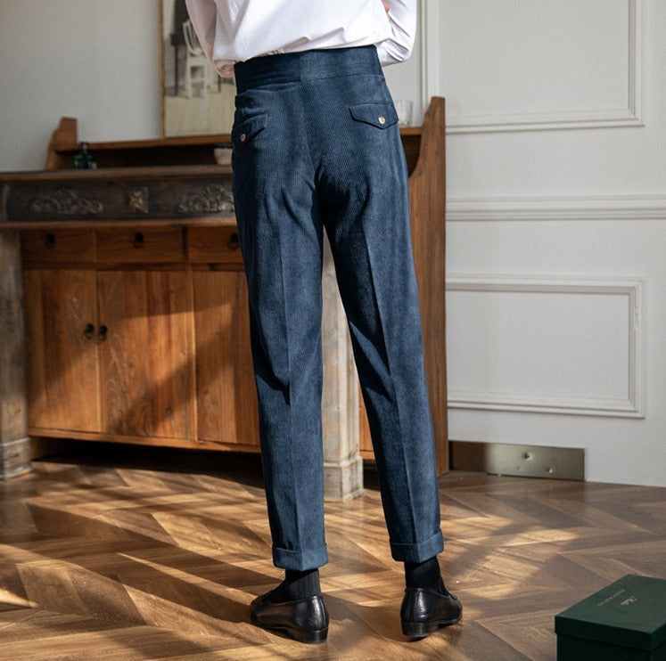 Men's pleated corduroy trousers in coffee and blue