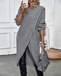 Women's long plain sweater dress with round neck, long sleeves and asymmetric hem