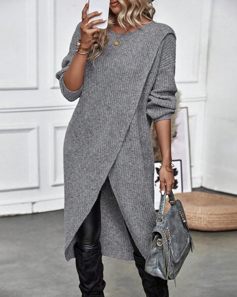 Women's long plain sweater dress with round neck, long sleeves and asymmetric hem