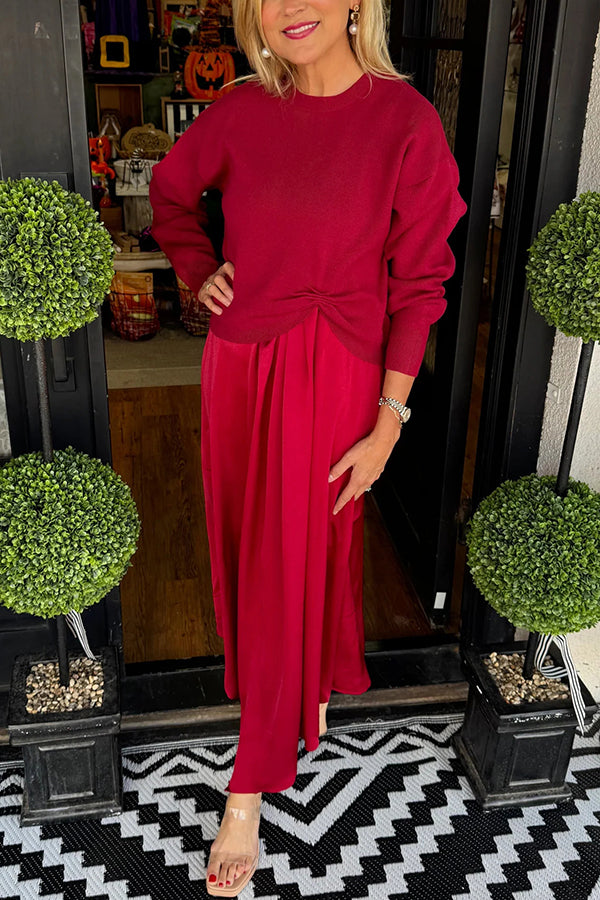Women's knit sweater and ruched flowing midi dress two-piece set