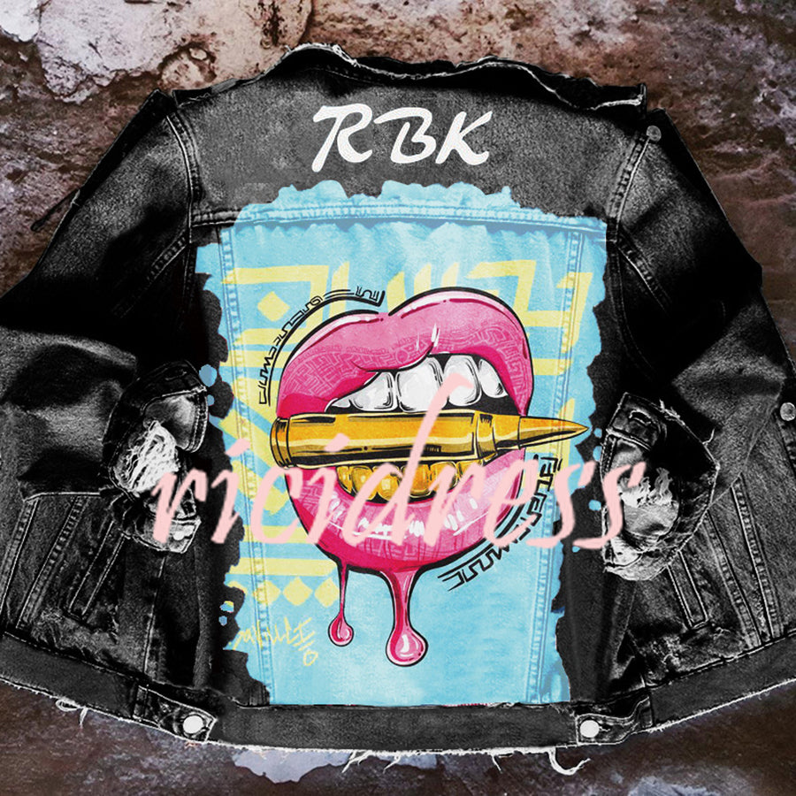 Graphic denim jacket with colourful illustrated back print