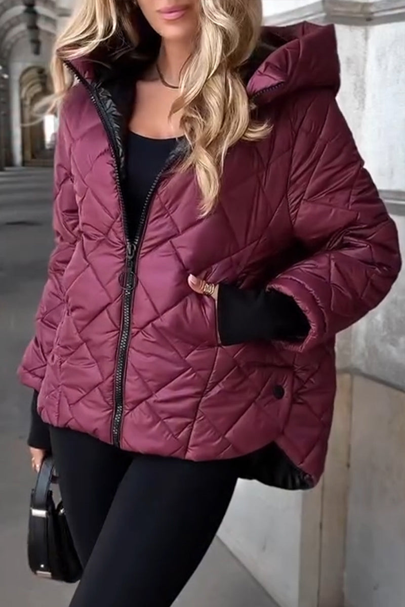 Women's quilted hooded jacket with diamond stitching and zip front