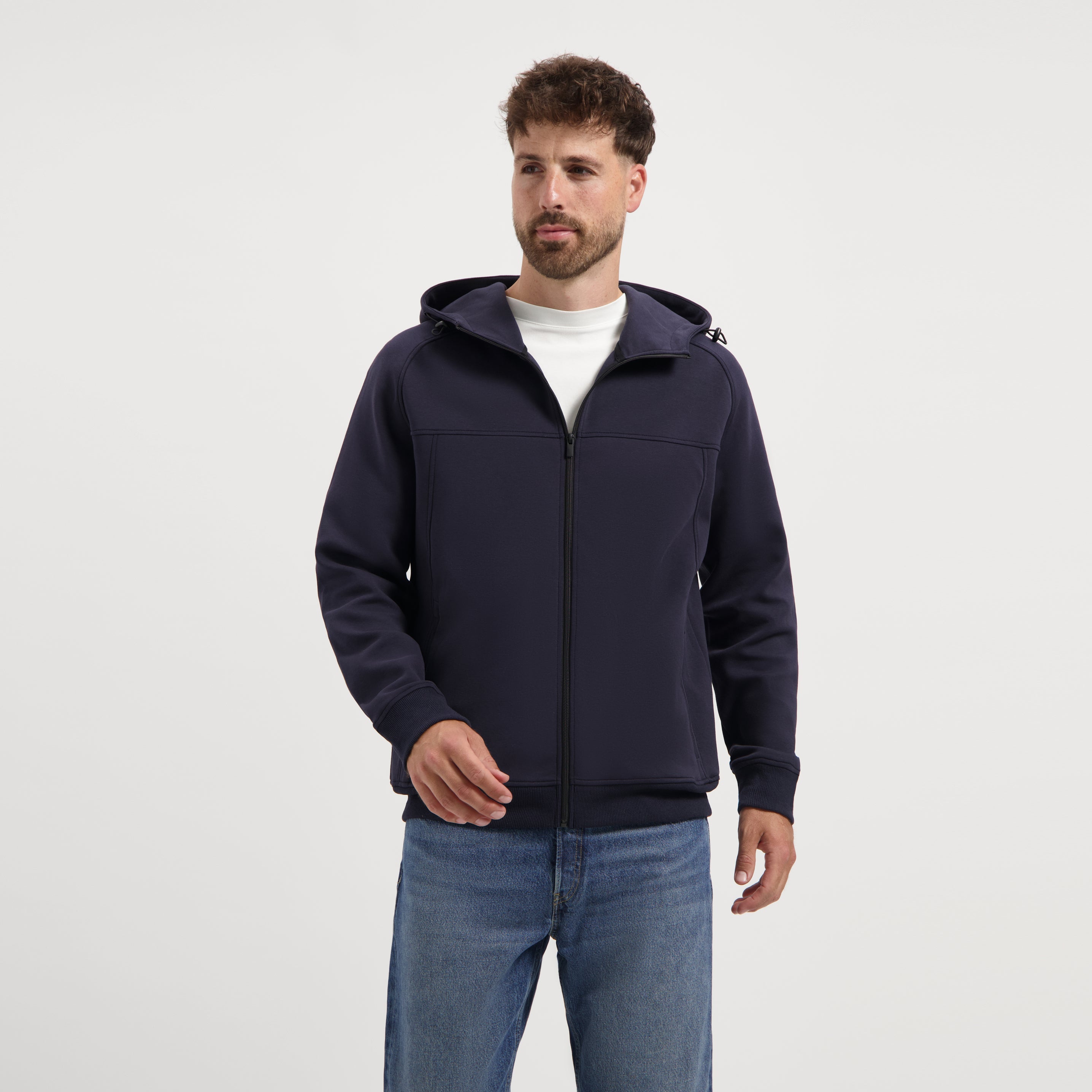 Men's navy hooded zip cardigan with long sleeves