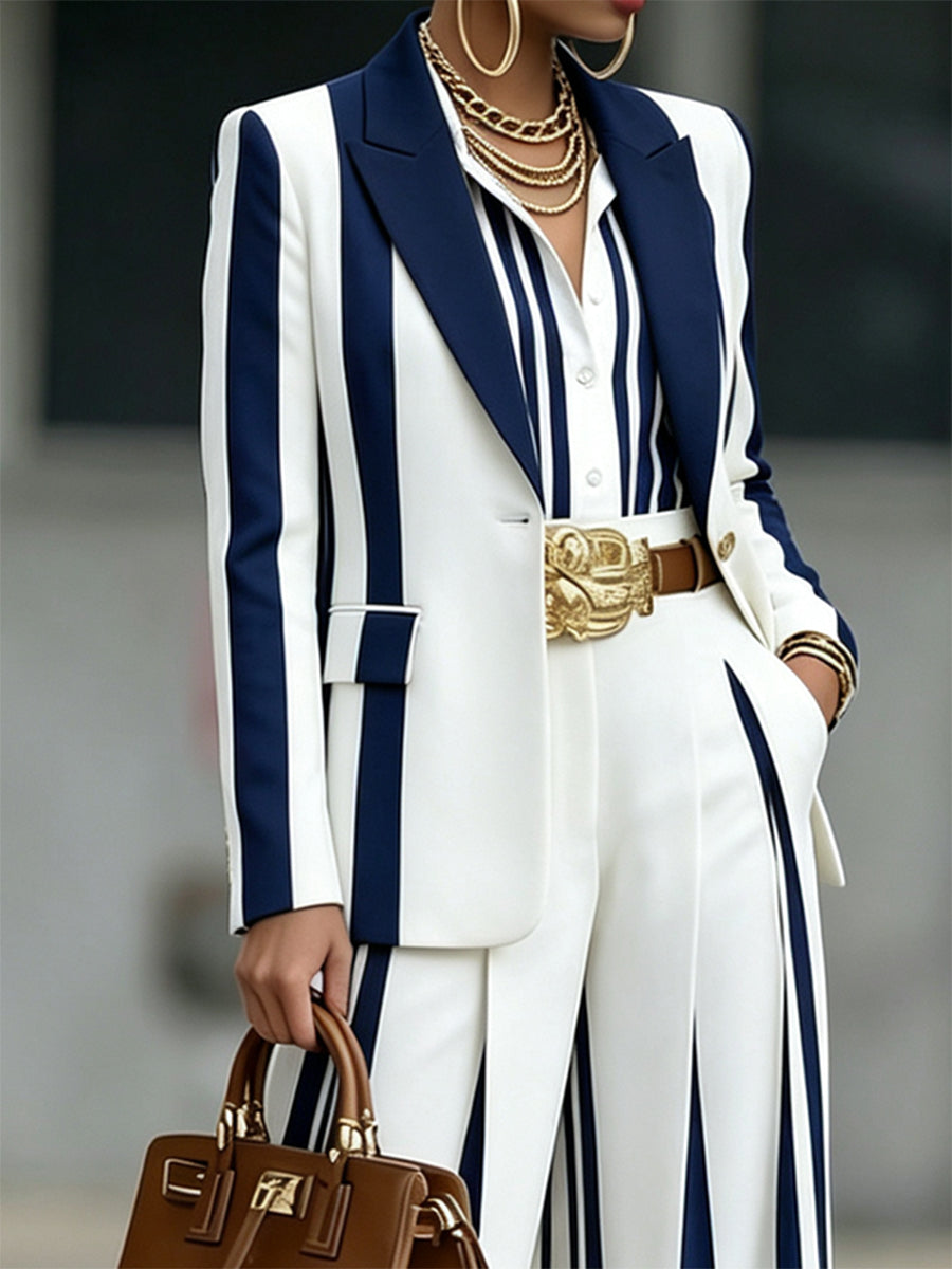 Women's navy and white striped blazer with notched lapels and long sleeves