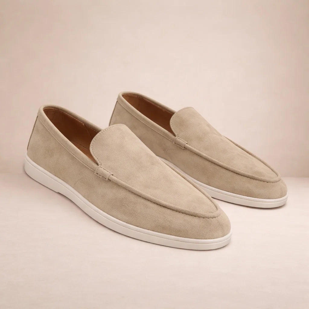 Men's slip-on moc toe loafers with flat white soles