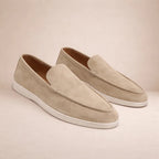 Men's slip-on moc toe loafers with flat white soles
