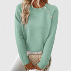 Women's long-sleeve crew neck jumper with shoulder buttons and cropped hem