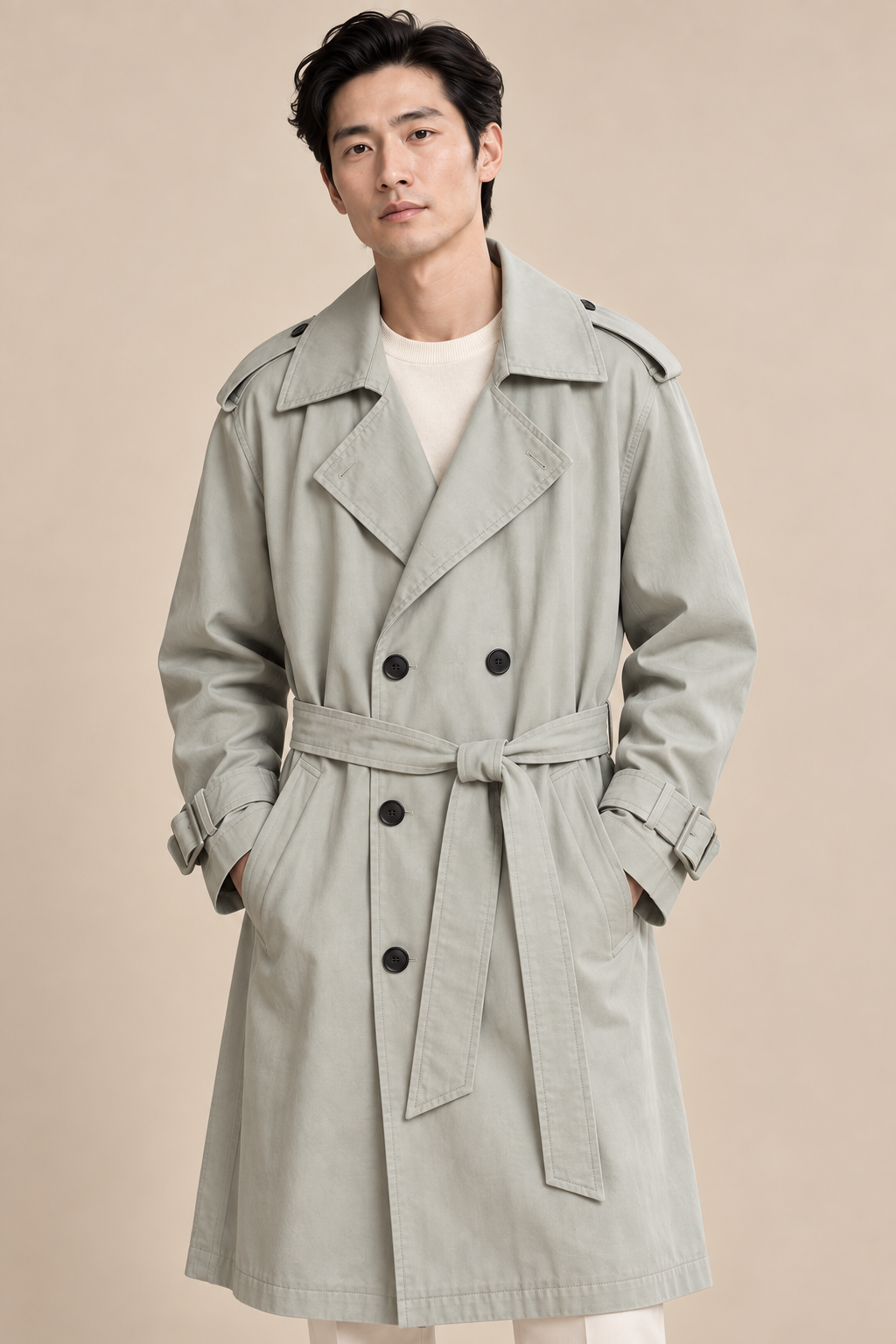 Men's double-breasted trench coat with a waist belt and epaulettes