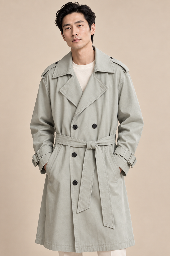 Men's double-breasted trench coat with a waist belt and epaulettes