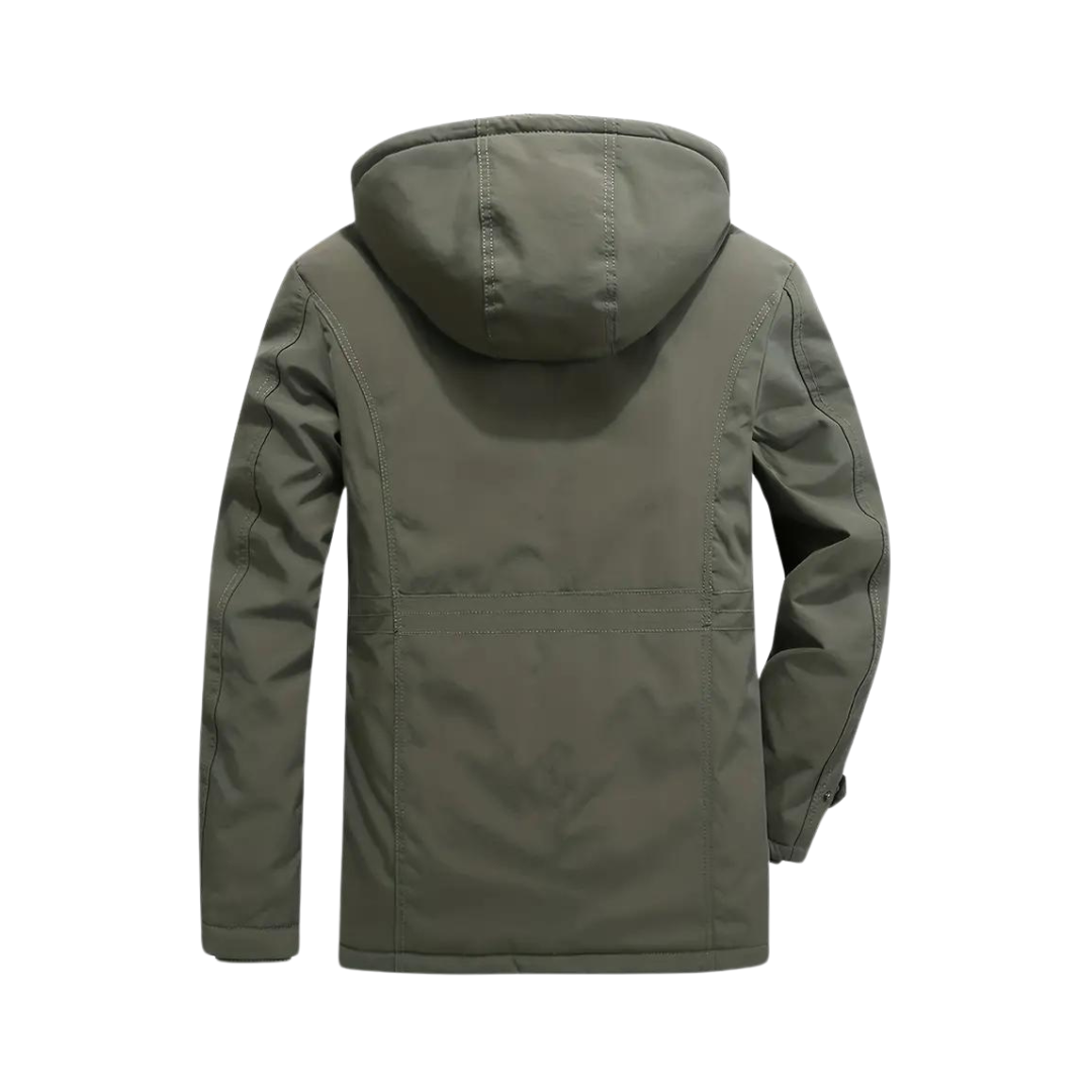 Men's lined hooded outdoor jacket with multiple pockets