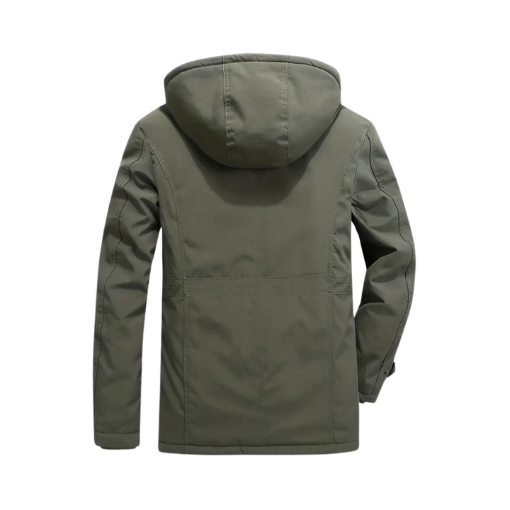 Men's lined hooded outdoor jacket with multiple pockets