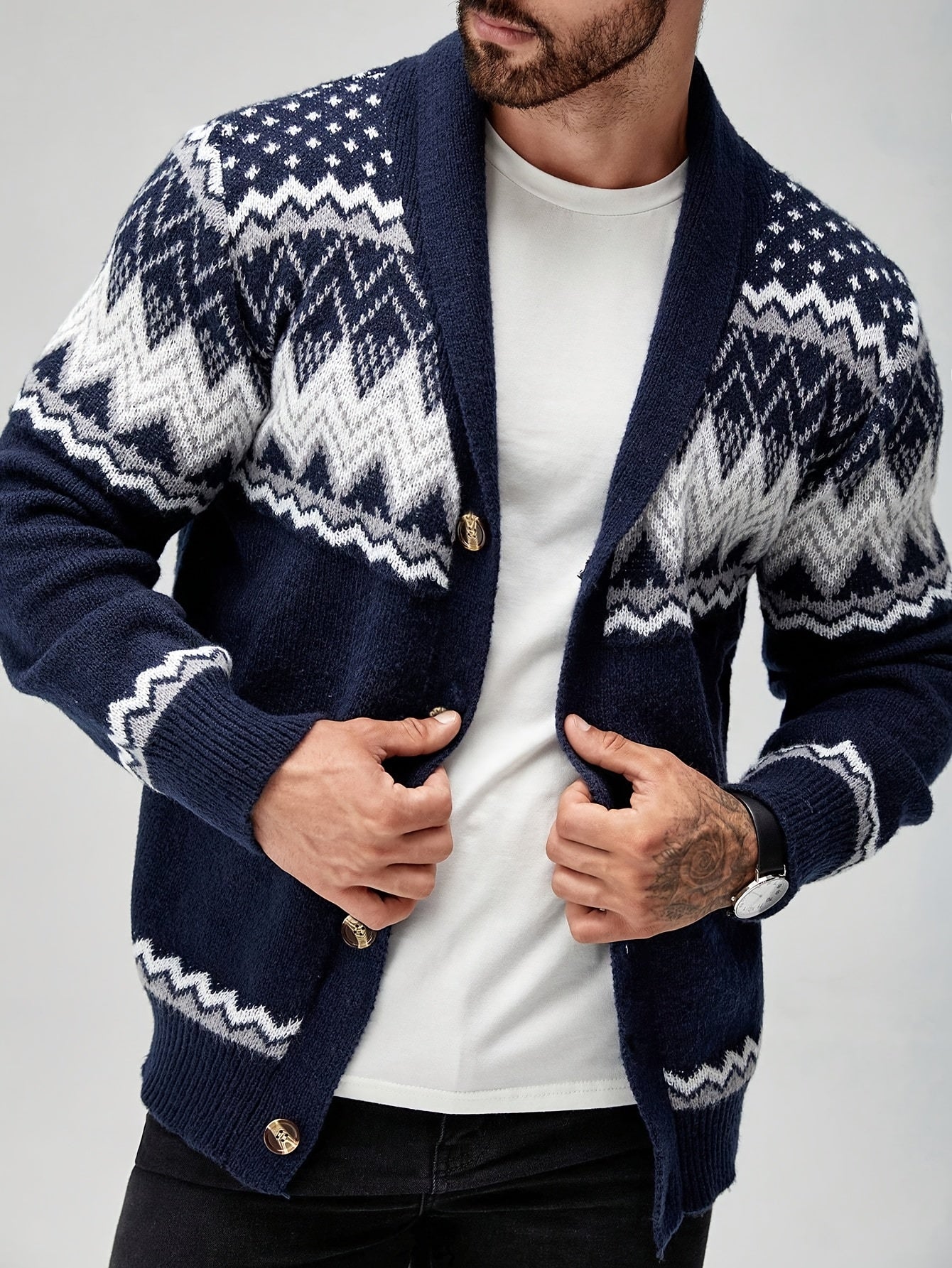 Men's Fair Isle shawl collar cardigan with buttons