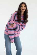 Women's pink striped jumper with crew neck and long sleeves